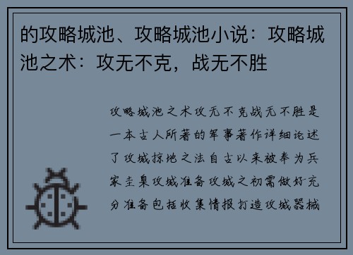 的攻略城池、攻略城池小说：攻略城池之术：攻无不克，战无不胜